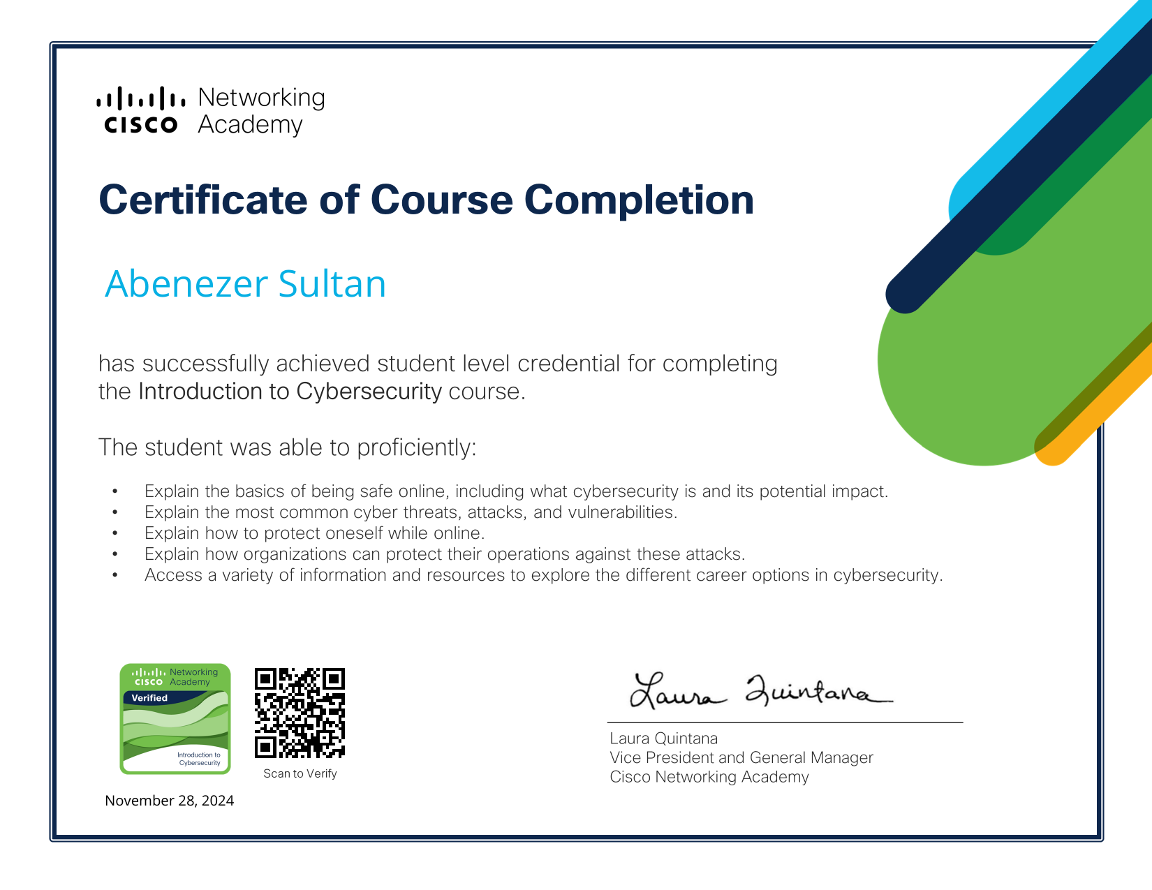Cisco Networking Academy Introduction to Cybersecurity certificate awarded to Abenezer Sultan